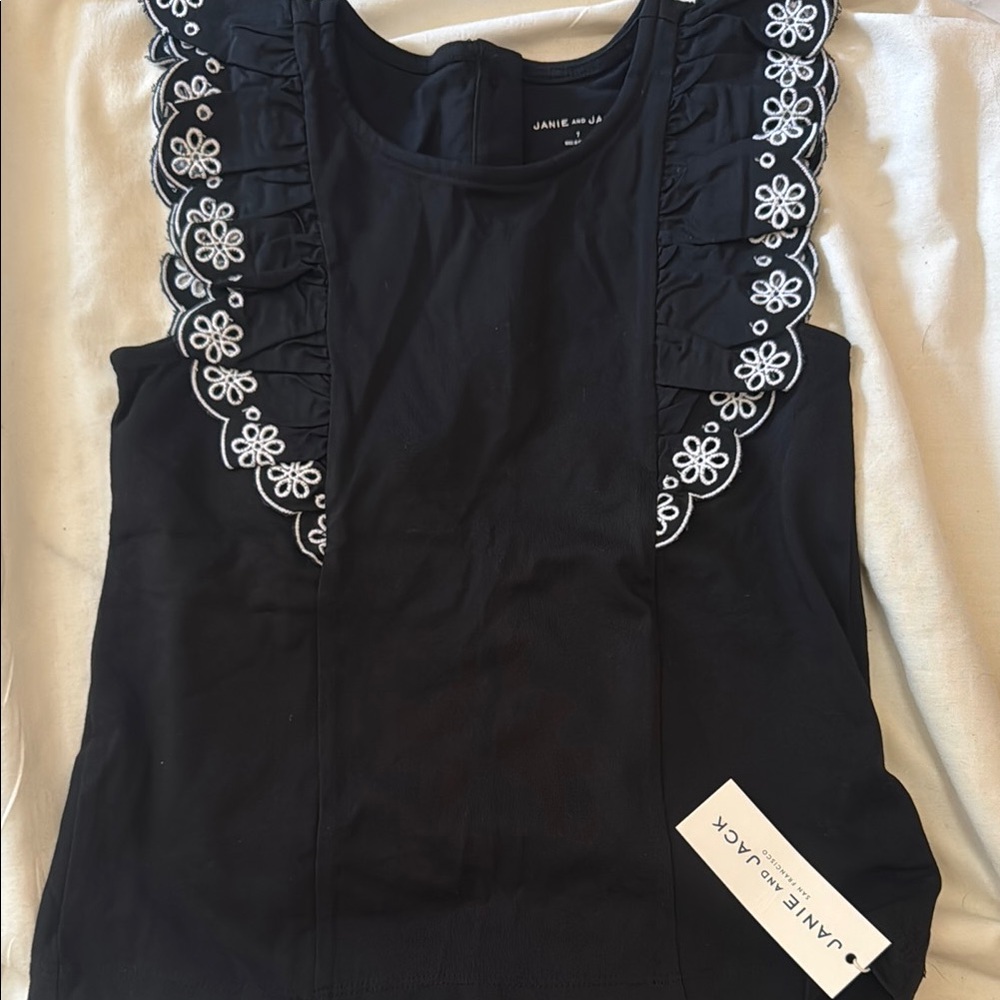 Janie and Jack Black Tank with White Floral Ruffle Trim